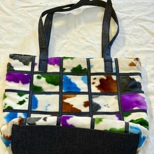 Comeco Multicolor Cow Print Faux Fur Tote Purse Y2K Grunge Streetwear Bag